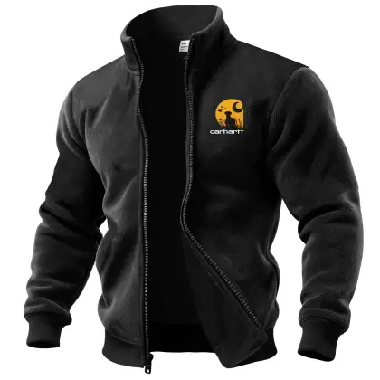 Men's Vintage Pet Dog Embroidered Fleece Pocket Stand Collar Jacket