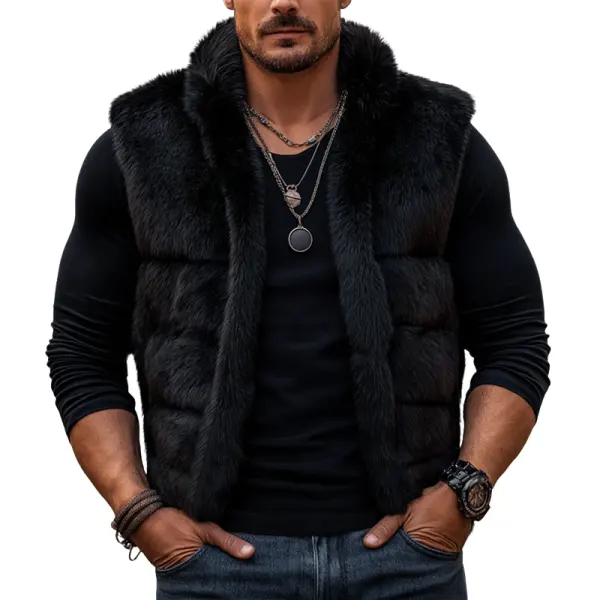 Men's Vintage Black Plush Faux Fur Vest - Wayrates.com 