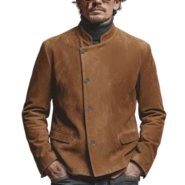 Men's Classic Retro Stand-up Collar Slanted Placket Faux Suede Jacket - Wayrates.com 