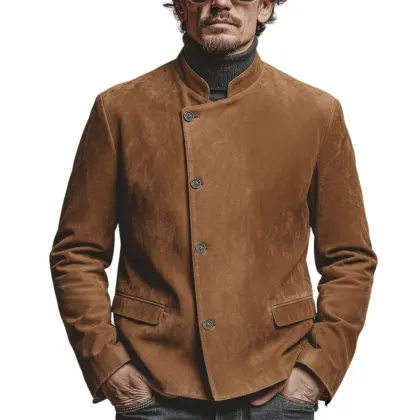 Men's Classic Retro Stand-up Collar Slanted Placket Faux Suede Jacket
