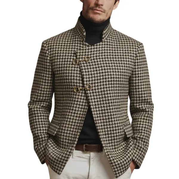 Men's Classic Retro Stand-up Collar Slanted Placket Metal Button Faux Houndstooth Wool Jacket - Wayrates.com 