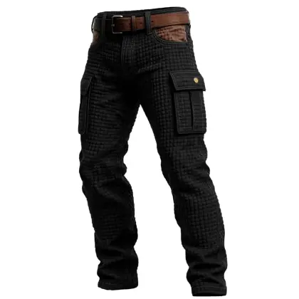 Men's Vintage Black Quilted Plaid Waffle Workwear Multi-Pocket Patchwork Cargo Pants