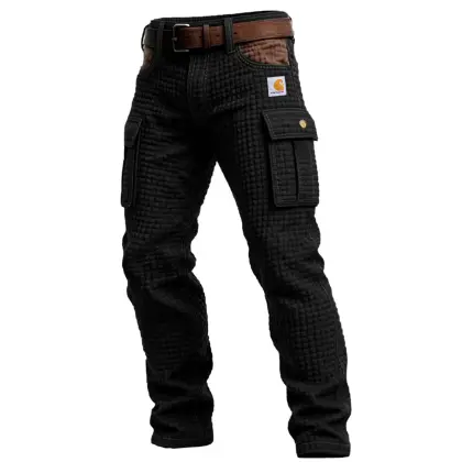 Men's Vintage Black Quilted Plaid Waffle Workwear Multi-Pocket Patchwork Cargo Pants