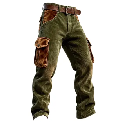Men's Vintage Army Green Corduroy Work Multi-Pocket Suede Reinforcements Cargo Pants