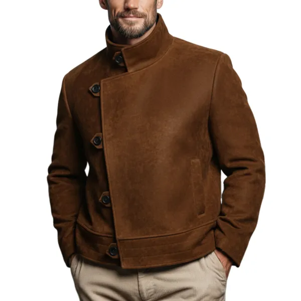 Men's Classic Retro Stand-up Collar Slanted Plate Button Faux Suede Jacket - Wayrates.com 