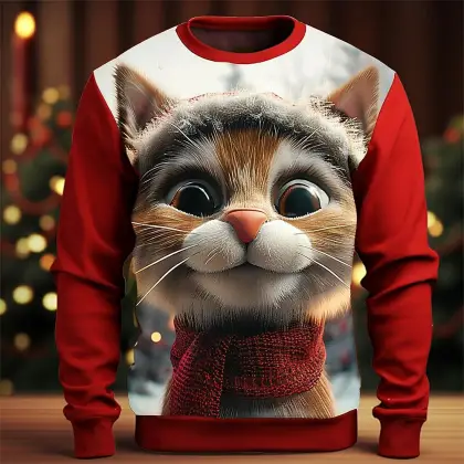 3D Print Unisex Scarf Cat Crew Neck Christmas Ugly Sweatshirt
