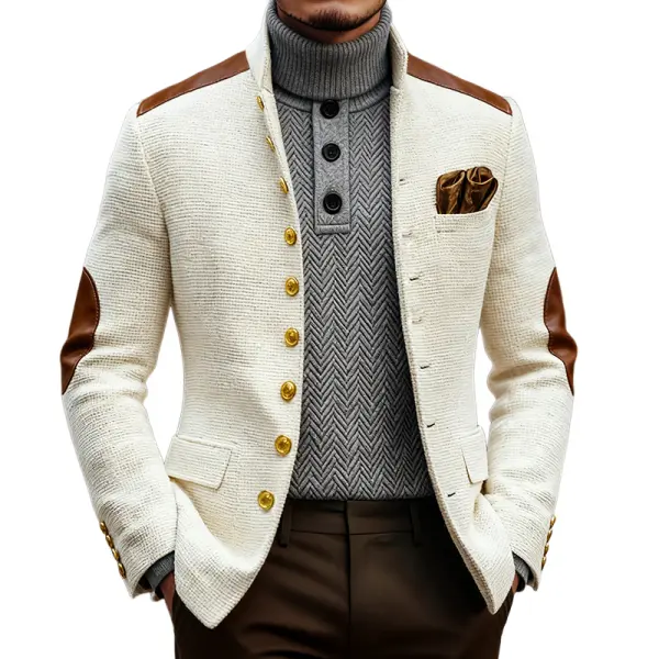 Men's Retro Casual Solid Color Tweed Patchwork PU Blazer - Wayrates.com 