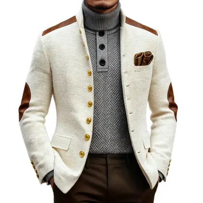 Men's Retro Casual Solid Color Tweed Patchwork PU Blazer