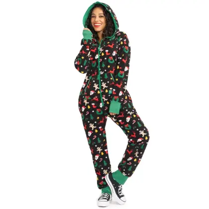 Women's Cookie Cutter Jumpsuit With Hood And Holiday Print