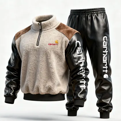 Men's Retro Casual Embroidery Winter Fleece And Leather Tracksuit
