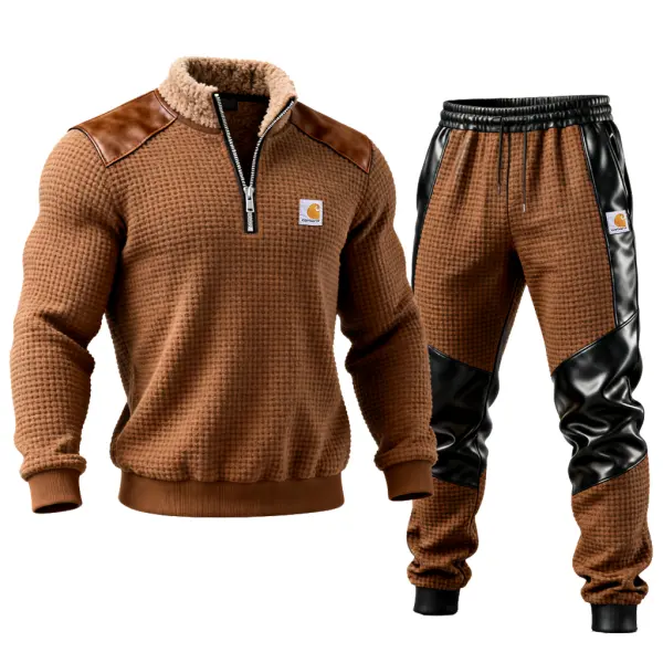Men's Retro Casual Brown Waffle Knit Tracksuit With Leather Accents - Wayrates.com 