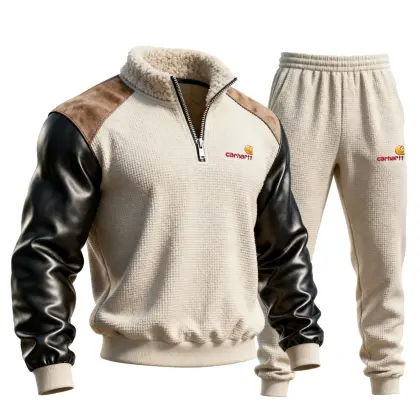 Men's Retro Casual Waffle Embroidery Jacket And Sweatpants