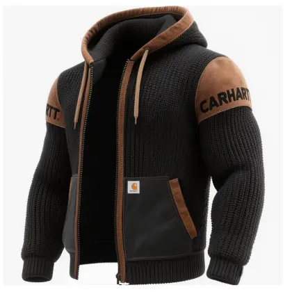 Men's Casual Hooded Knit Jacket With Contrast Sleeves And Pockets Suede Trim