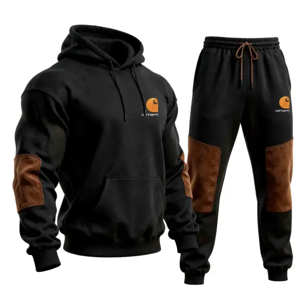 Men's Vintage Black Embroidered Stitching Brown Suede Pocket Hoodie And Sweatpants Jogger Set - Wayrates.com 