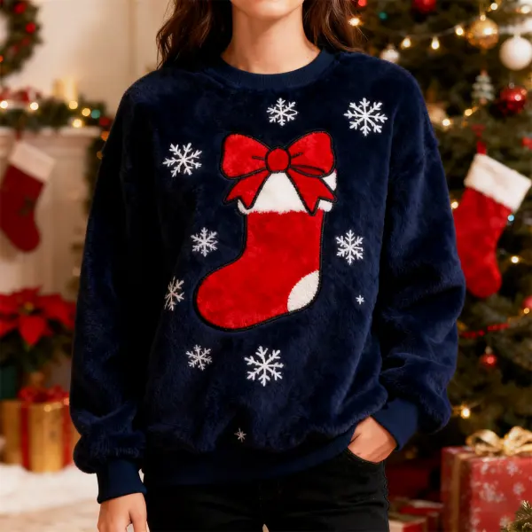 3D Print Unisex Christmas Ugly Sweater Fleece Bow Socks Crew Neck Sweatshirt - Wayrates.com 