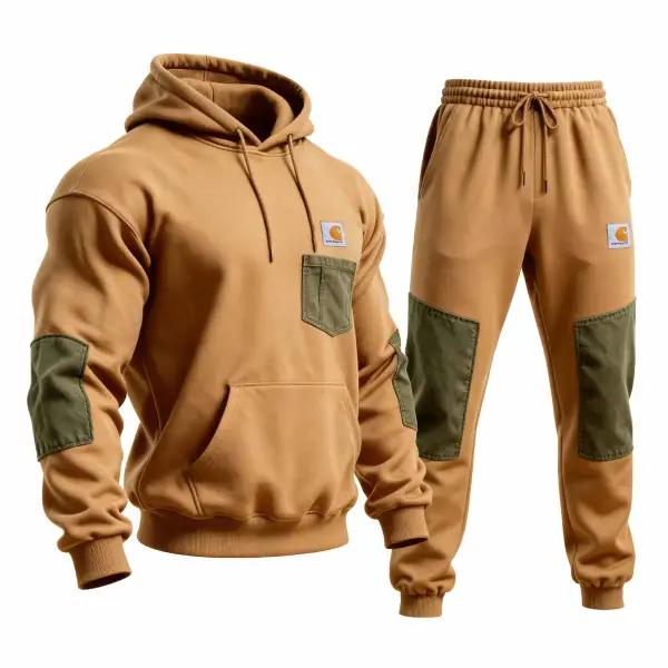 Men's Vintage Khaki Stitching Pocket Hoodie And Sweatpants Jogger Set - Wayrates.com 