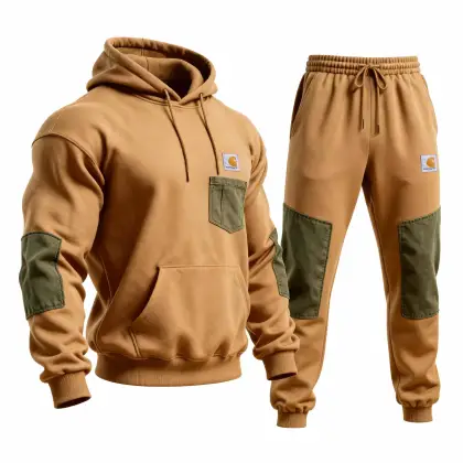 Men's Vintage Khaki Stitching Pocket Hoodie And Sweatpants Jogger Set