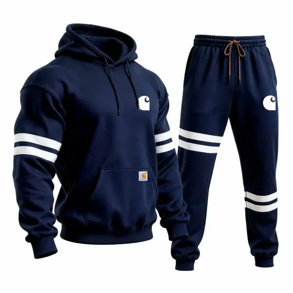Men's Vintage Navy Blue Stitching White Striped Pocket Hoodie And Sweatpants Jogger Set - Wayrates.com 