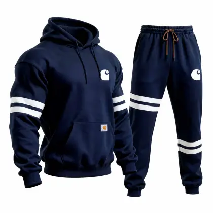 Men's Vintage Navy Blue Stitching White Striped Pocket Hoodie And Sweatpants Jogger Set
