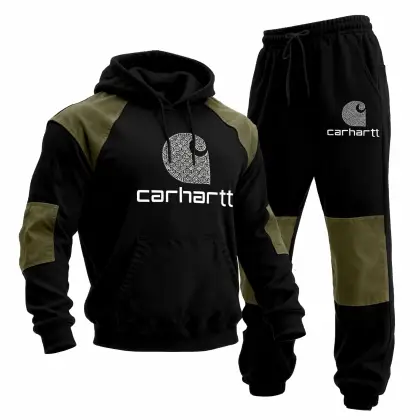 Men's Vintage Black Stitching Army Green Pocket Hoodie And Sweatpants Jogger Set