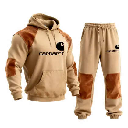 Men's Vintage Khaki Stitching Brown Suede Pocket Hoodie And Sweatpants Jogger Set