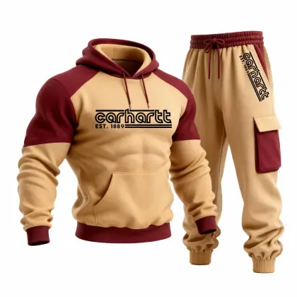 Men's Vintage Khaki Stitching Burgundy Pocket Hoodie And Sweatpants Jogger Set