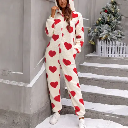 Women'S Autumn And Winter Collection Of Plush Heart-Shaped Printed Christmas Hooded Jumpsuits
