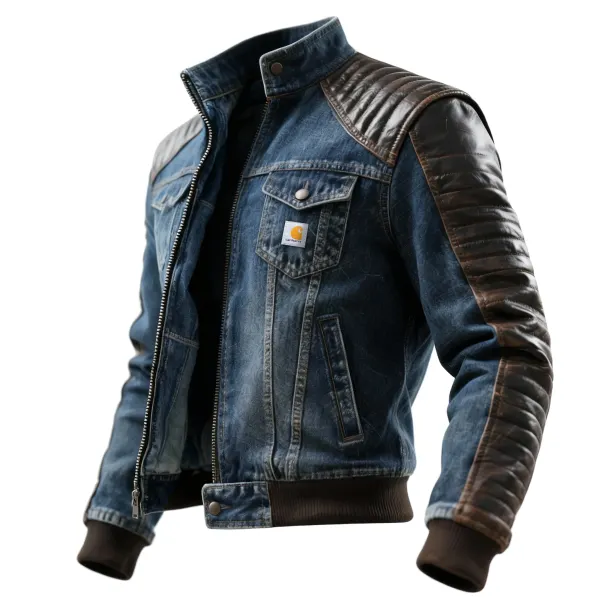 Men's Retro Denim Color Block Leather Collar Stand Collar Jacket - Wayrates.com 