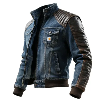 Men's Retro Denim Color Block Leather Collar Stand Collar Jacket