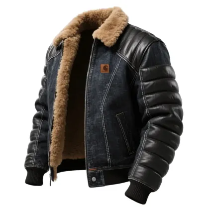 Men's Retro Denim Color Block Leather Collar Jacket With Lambswool Lining And Thick Stand Collar