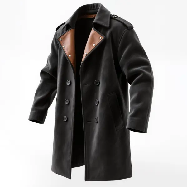 Men's Vintage Classic Black Pea Coat With Leather Trim - Wayrates.com 