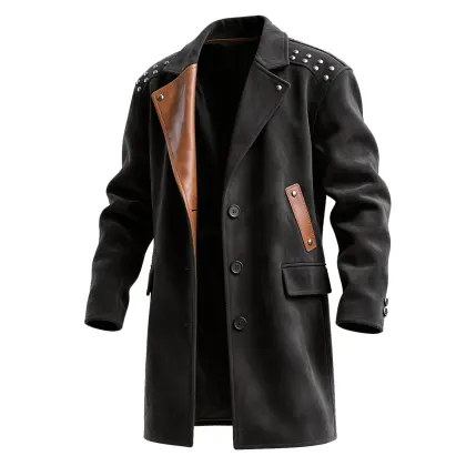 Men's Vintage Studded Leather-Trimmed Black Coat With Brown Accents