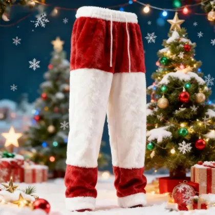 3D Print Men's Plush Warm Color-Blocked Christmas Casual Trousers