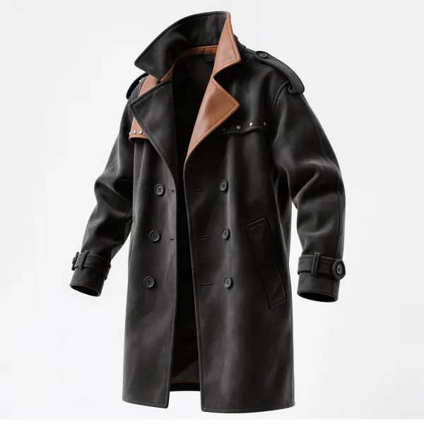 Men's Vintage Elegant Black Trench Coat With Brown Leather Trim - Wayrates.com 