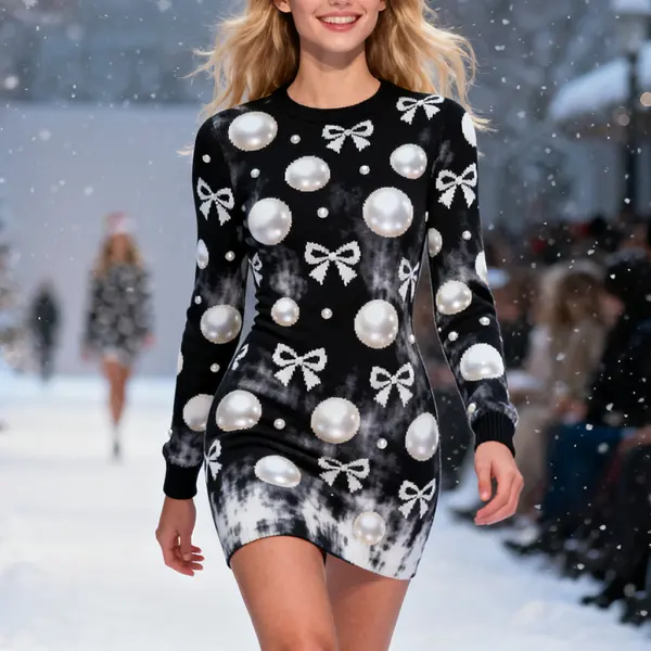 3D Print Women's Pearls Bow Print Bodycon Dress Black - Wayrates.com 