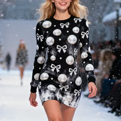 3D Print Women's Pearls Bow Print Bodycon Dress Black