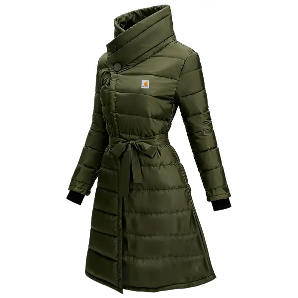 Women's Military Green Quilted Down Coat With Asymmetric Collar And Belt - Wayrates.com 