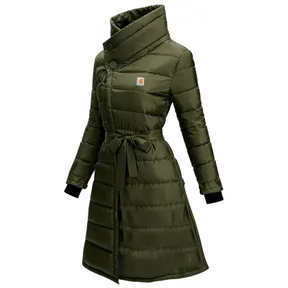 Women's Military Green Quilted Down Coat With Asymmetric Collar And Belt