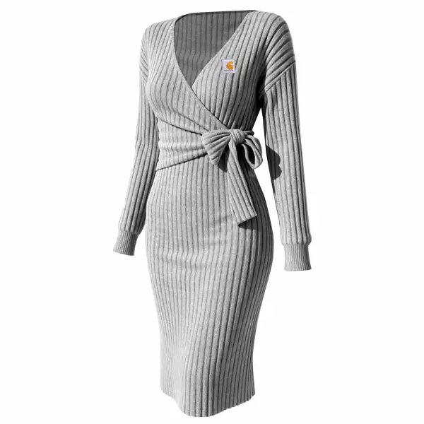 Women's V Neck Long Sleeve Knitted Dress - Wayrates.com 