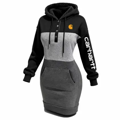 Women's Vintage Color Block Pocket Button Hoodie Dress