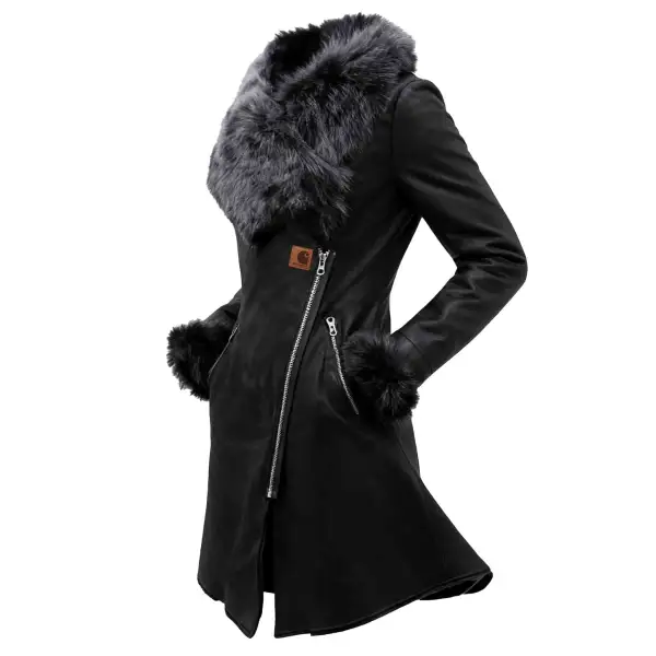 Women's Black Leather Coat With Faux Fur Trim Jacket - Wayrates.com 