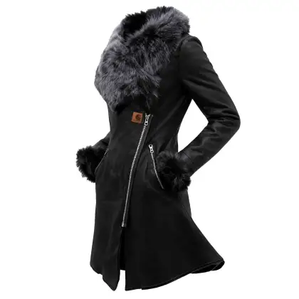 Women's Black Leather Coat With Faux Fur Trim Jacket