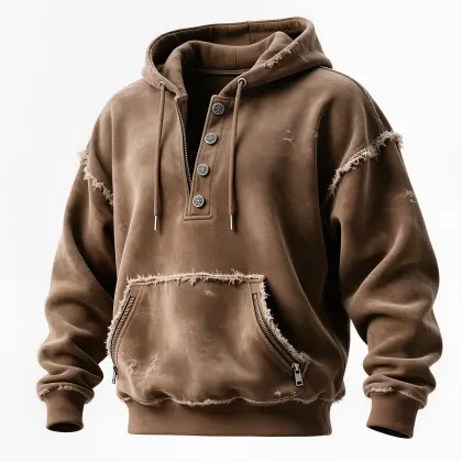 Men's Vintage Brown Distressed Hoodie With Button Details