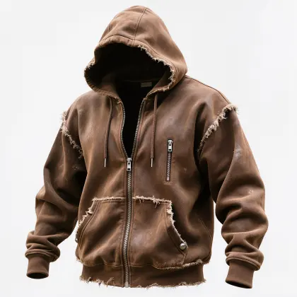 Men's Vintage Brown Distressed Leather Hoodie With Zipper Details