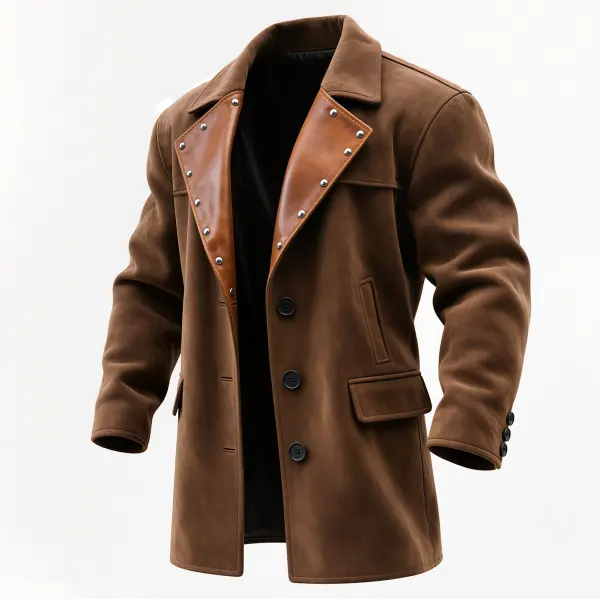 Men's Vintage Brown Leather-Trimmed Coat With Studs - Wayrates.com 