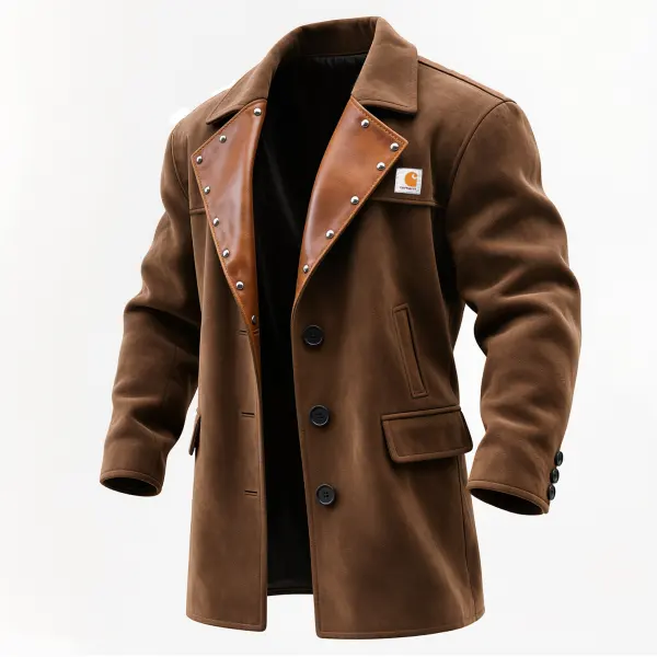 Men's Vintage Brown Leather-Trimmed Coat With Stud Details - Wayrates.com 