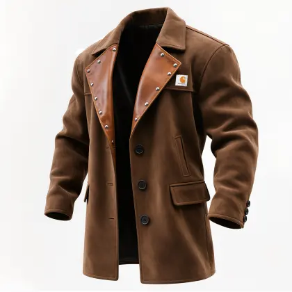 Men's Vintage Brown Leather-Trimmed Coat With Stud Details