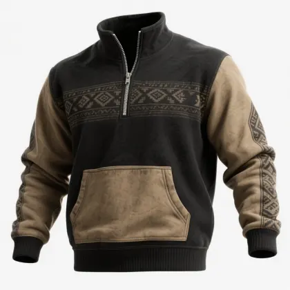 Men's Retro Warm Black And Beige Patterned Fleece Jacket