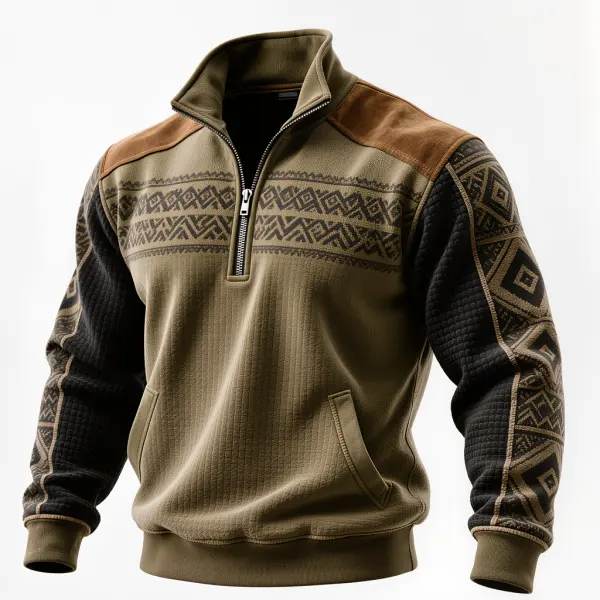 Men's Retro Olive Green Quilted Fleece Jacket With Ethnic Patterns - Wayrates.com 