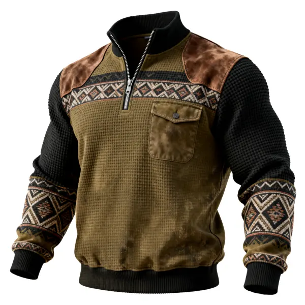 Men's Retro Vintage-Inspired Olive Green Jacket With Ethnic Patterns - Wayrates.com 